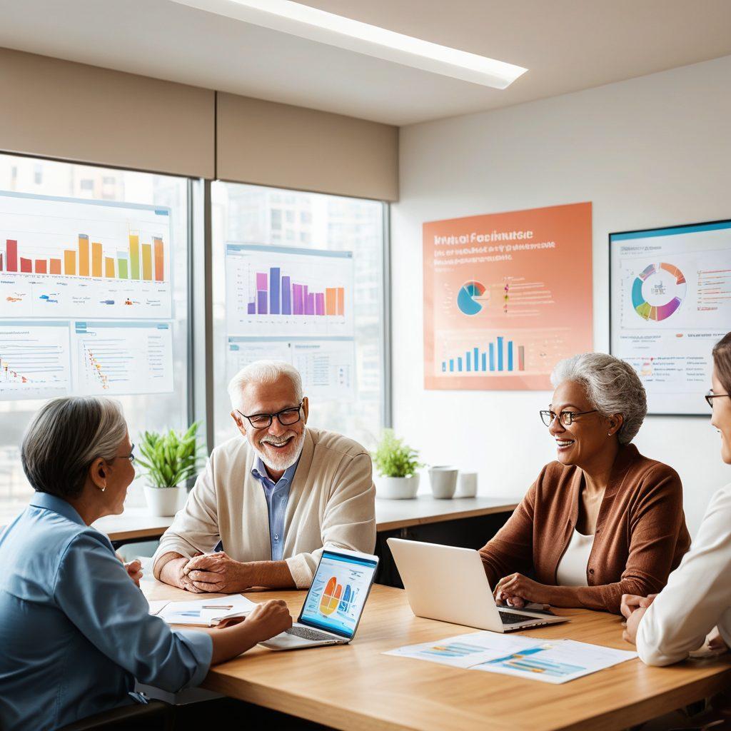 A diverse group of people of various ages examining health insurance options in a modern office setting, with colorful charts of premium rates and coverage plans displayed on a large screen. A friendly healthcare representative is assisting them, emphasizing a sense of accessibility and support. The room has bright, inviting colors and a serene atmosphere representing hope and well-being. super-realistic. vibrant colors. 3D.
